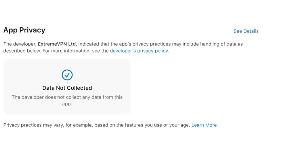 extremevpn app privacy in apple appstore