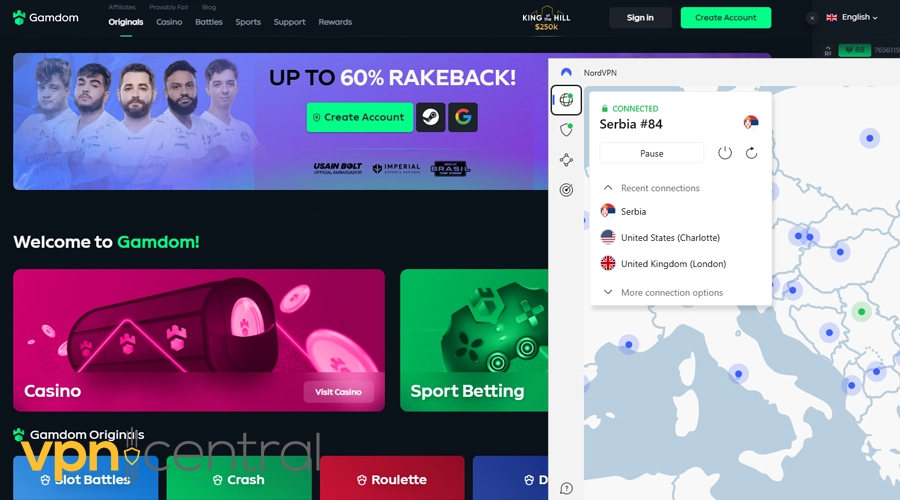 gamdom with nordvpn serbia