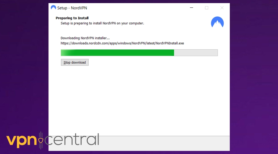 nordvpn installing purple background