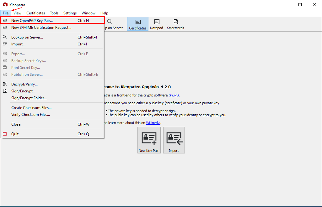 kleopatra new open pgp key pair