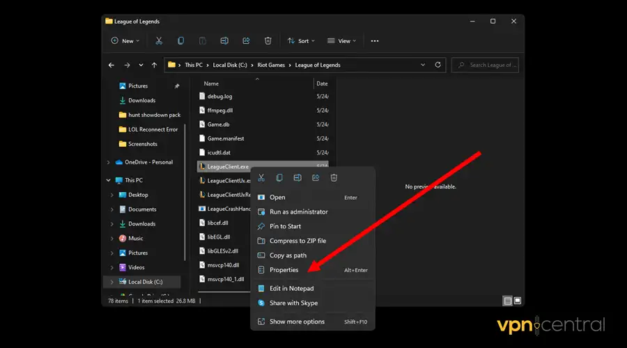 open properties on leagueclient file