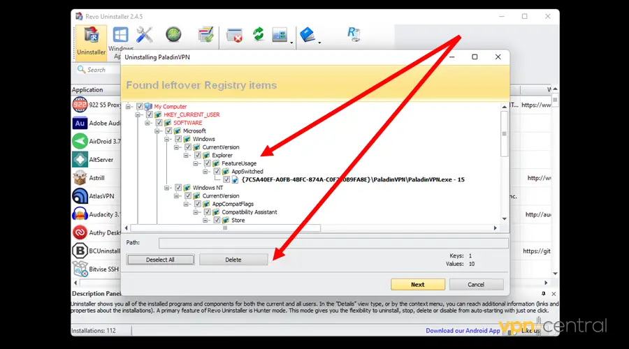 delete all registry items