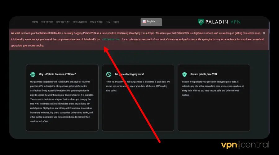 paladinvpn advising users to ignore microsoft defender trojan warning