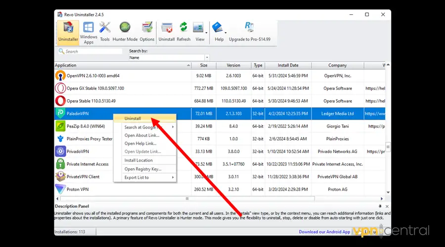 select uninstall paladinvpn