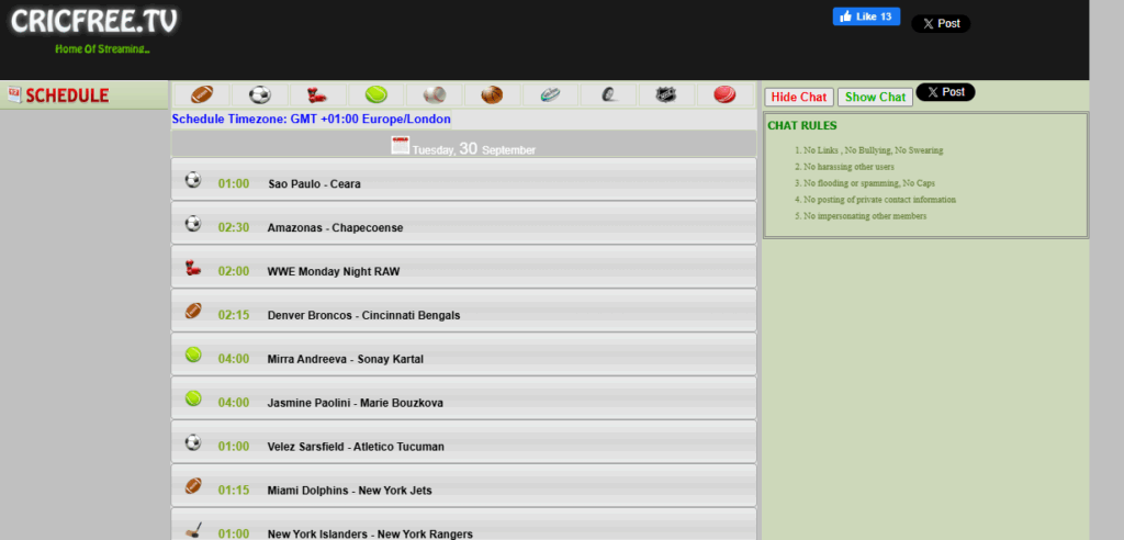 cricfree website interface