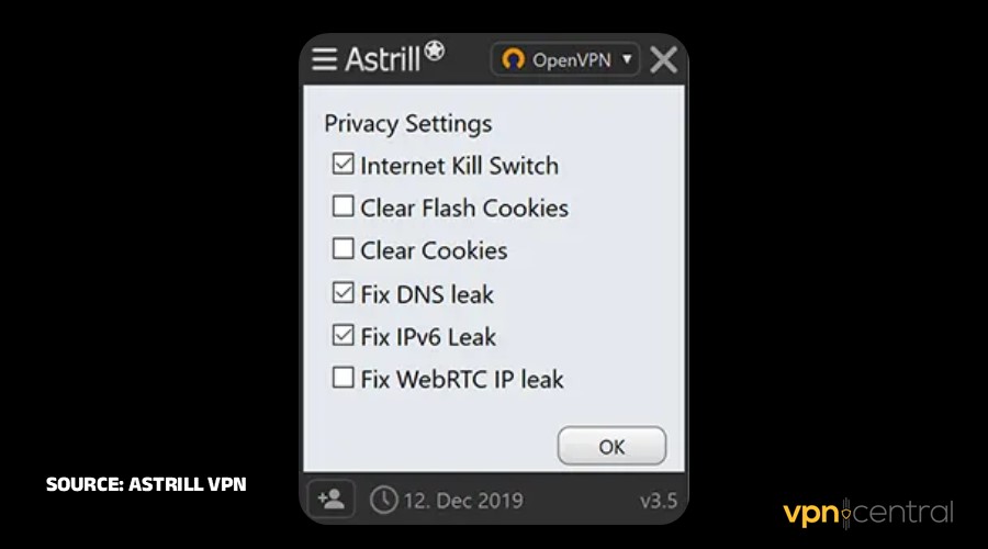 astrill vpn kill switch dns leak protection and webrtc leak protection