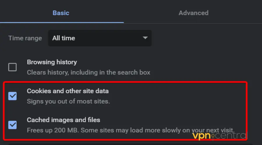 clear data in google chrome to address vpn not working issues