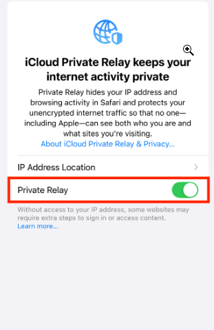 disable private relay on iphone to fix safari not working with vpn