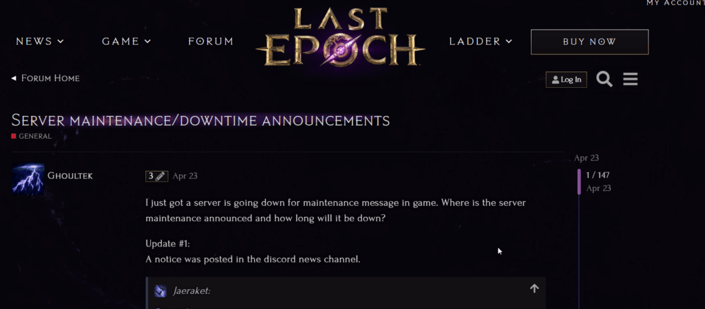 last epoch server status page