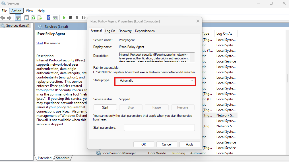 ipsec services set to automatic to prevent errors