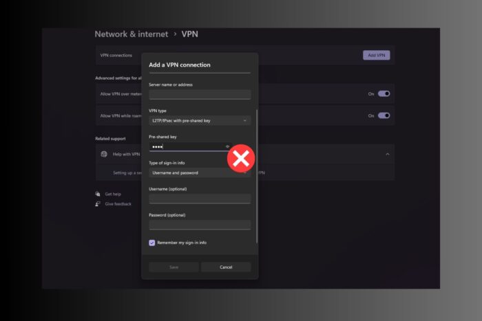 windows 11 l2tp ipsec pre shared key not working