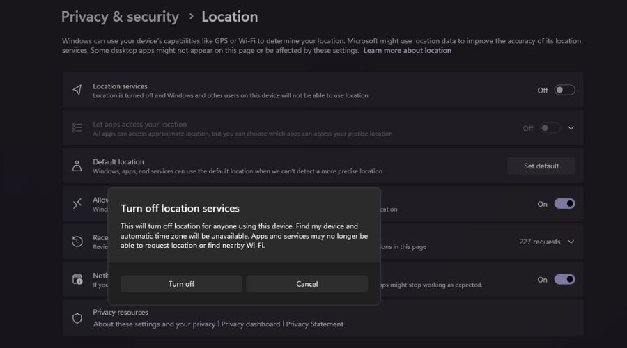 disable location services on windows