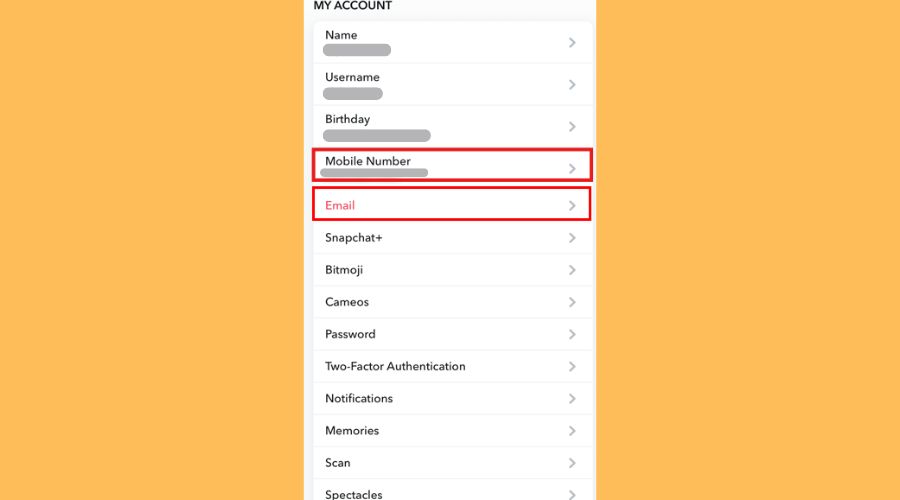 snapchat settings mobile number and email